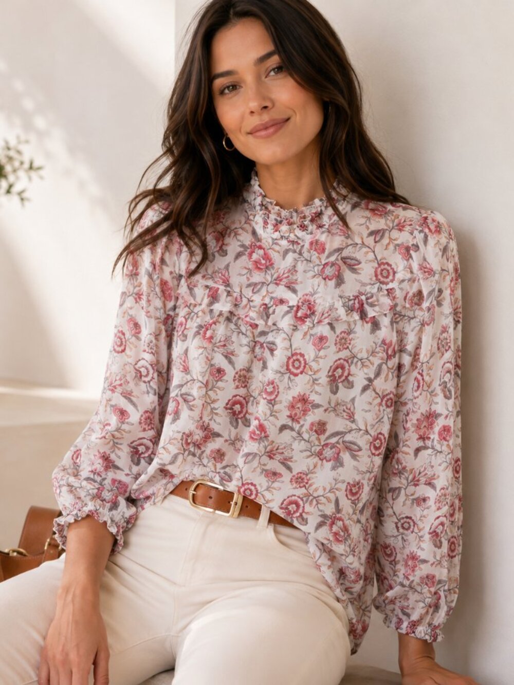 LOFT Blouse Womens L Pink Floral Ruffle Mock Neck Long Sleeve Lined Boho Top
